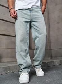 Manfinity Homme Plus Size Men's Simple Front Button Pocket Casual Denim Jeans - Light Wash - View 4