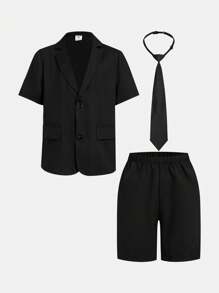 SHEIN Leap Crew 3 件套男士休闲修身西装外套、裤子和领带套装，买 2 送 1 - 黑色 - 查看 2