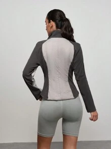 Exploreva Damen Kontrast-Farben Langarm Reißverschluss Stehkragen Sportsweatshirt Jacke