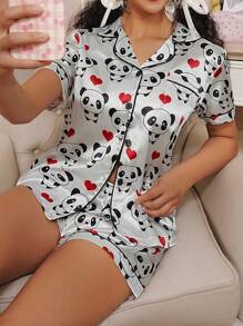 SweetSlumber Cute Panda Ins Style Heart Pattern Satin Collar Ladies Pajama Set