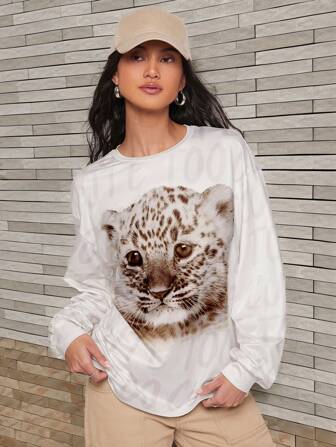 Animal Planet X SHEIN Women's Casual Leopard Print Long Sleeve T-Shirt ,Autumn/Winter