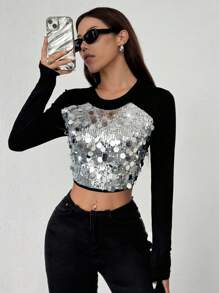 Chiquease Blusa de mujer de manga larga, cuello redondo, ajustada, con parches de lentejuelas, camisetas gráficas para mujer, para la primavera - Negro - Ver 5