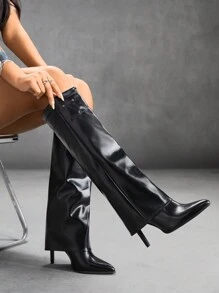 CUCCOO SZL 经典黑色尖头高跟漆皮过膝长靴，百搭实用，适合工作、约会、派对、度假等各种场合，是春季、春假、复活节和圣诞节的理想之选。 - 黑色 - 查看 9