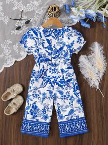 SHEIN Baby Girl Spring/Autumn Casual Vintage Elegant Floral Digital Print Fabric Backless Jumpsuit With Bow Decor For Outdoor & Travel