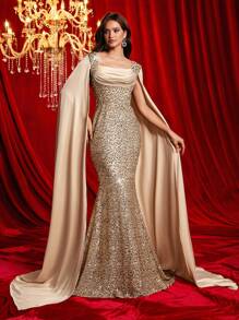 Glamrae Elegant & Luxury Champagne Sequin Patchwork Satin Wrap Collar Pleated Draped Batwing Mermaid Hem Floor-Length Formal Gown, Suitable For Various Occasions, Wedding Guest Dress