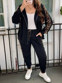 SHEIN LUNE 2 件大码休闲豹纹拼布连帽夹克和裤子套装，秋季感恩节服装女新年女装冬装女狂欢服装度假服装女新年女装冬季外套女冬装女运动服女冬季套装度假两件套新年 - 彩色 - 查看 1