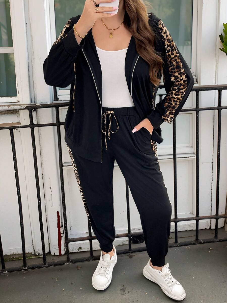 SHEIN LUNE 2 件大码休闲豹纹拼布连帽夹克和裤子套装，秋季感恩节服装女新年女装冬装女狂欢服装度假服装女新年女装冬季外套女冬装女运动服女冬季套装度假两件套新年 - 彩色 - 查看 1