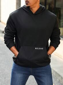 Manfinity Homme 男士加大码字母印花口袋休闲连帽衫，简约设计外出长袖连帽衫，适合朋友、丈夫、男朋友的礼物 - 黑色 - 查看 5