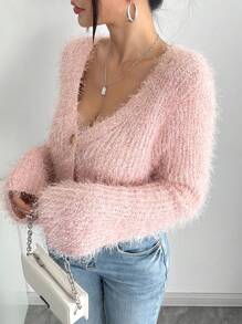 SHEIN EZwear 女士休闲简约纯色毛绒开衫，秋冬