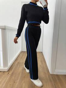 RueChic 2pcs Casual Colorblock Trim Cropped Top & Pants Set, Autumn