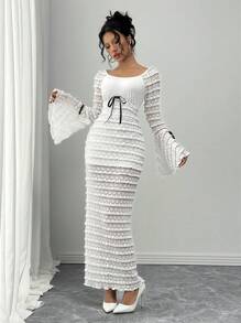 Calvaya Romantic Elegant Sexy Lace Splice Flare Sleeve Slim Fit Long Dress Maxi Women Outfit