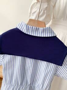 SHEIN 2件套男童时尚连体裤：纯色披肩领和蓝白条纹翻领短袖连体裤，休闲简约风。衬衫和披肩领可叠穿，适合日常穿着、上学、旅行、度假、休闲、日光浴、夏季 - 藍色 - 查看 5