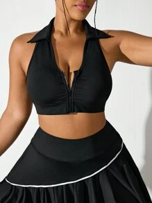 Easithlete Sutiã esportivo plus size com zíper frontal franzido e decote polo - Preto - Ver 4