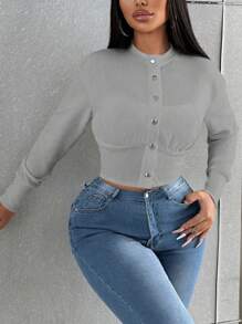 VaVaBold 女式纯色长袖单排扣休闲短夹克，秋季 - 深灰色 - 查看 3