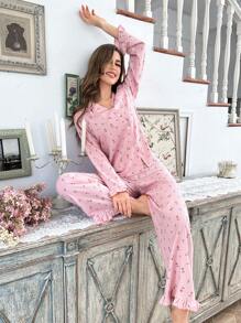 CottageSlumber Floral Bubble Ruffle Collar Top And Pants Sleepwear Pajama Set Holiday Season, Bountiful Floral Splendor, Fall Winter Clothes Cozy And Elegant Details - Pink - View 6
