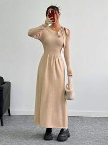 Flirla Women Bowknot Waist Fitted Long Sleeve Knit Dress Fall Cloth For Women - Khaki - View 4