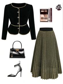 Flirla Plus Size Women Velvet Ruffle Trim Elastic Waist Jacket & A-Line Skirt 2 Pieces Set, Autumn/Winter Fall Cloth For Women