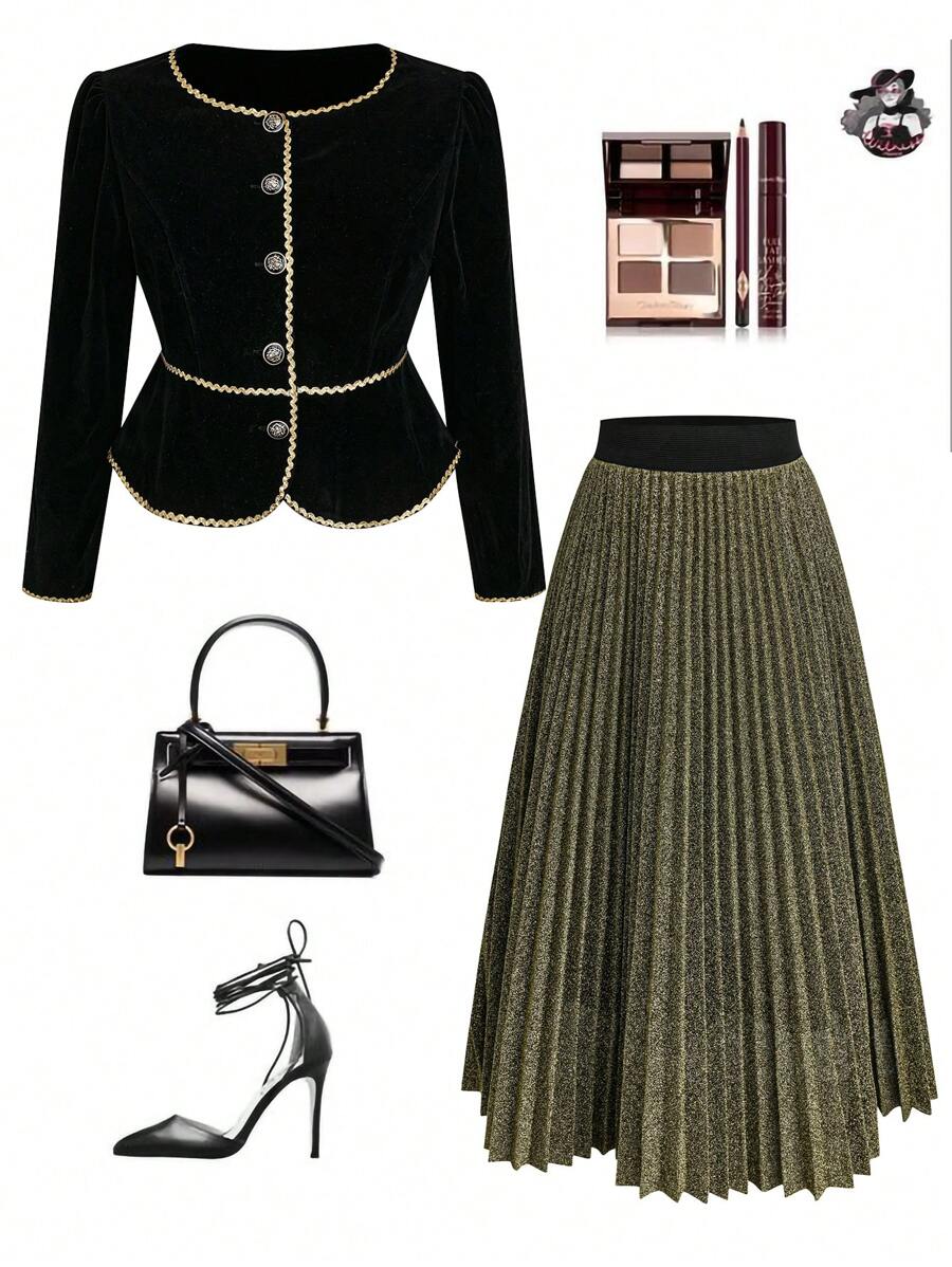 Flirla Plus Size Women Velvet Ruffle Trim Elastic Waist Jacket & A-Line Skirt 2 Pieces Set, Autumn/Winter Fall Cloth For Women