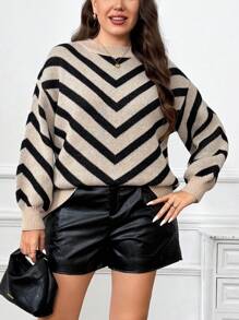 SHEIN LUNE 大码女式高领撞色斜条纹长袖套头衫休闲毛衣，秋冬针织套头衫