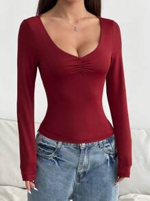 SHEIN Unity Women's All-Match Versatile Fitted Pleated Front Wine Red Long Sleeve T-Shirt, Outer Wear Fall Cloth For Women - Burgundy - View 6