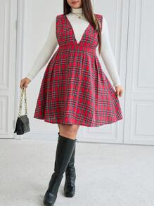 Celure Vestido de peto casual/de trabajo con cuello en V a cuadros para mujer de talla grande, para otoño/invierno