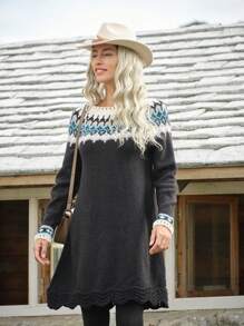 LanaWest Women's Fairisle Jacquard Geometric Pattern Long Sleeve Sweater Dress - Black - View 6