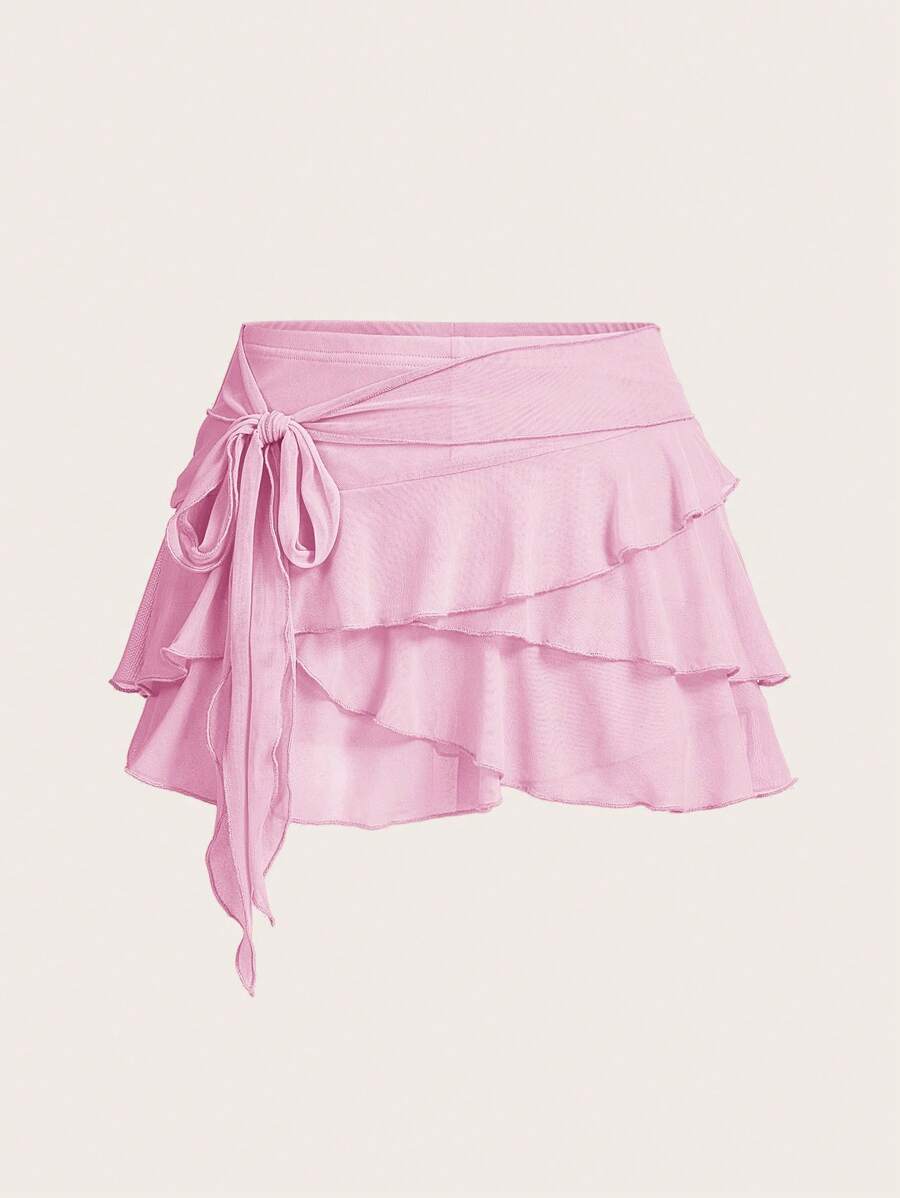 SHEIN ICON Women's Multi-Layer Ruffle Trim Low Rise Y2K Mini Black Skirt - Pink - View 1