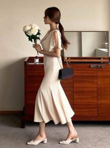 DAZY Vestido elegante de manga corta con cuello de volantes y cola de pez para mujeres