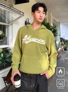 Claim Dot 男士字母印花连帽领休闲长袖毛衣带口袋 - 綠色 - 查看 5