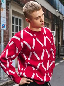 Manfinity Hypemode Suéter de cuello redondo de manga larga con bloqueo de color y patrón de diamantes, de punto, para hombre - Uso casual para otoño/invierno, salir con amigos