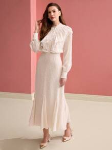 PREMIUM WOMEN'S JACQUARD LACE RUFFLE TRIM GODET HEM LONG DRESS - Beige - View 6