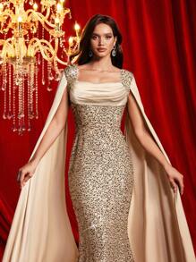 Glamrae Elegant & Luxury Champagne Sequin Patchwork Satin Wrap Collar Pleated Draped Batwing Mermaid Hem Floor-Length Formal Gown, Suitable For Various Occasions, Wedding Guest Dress