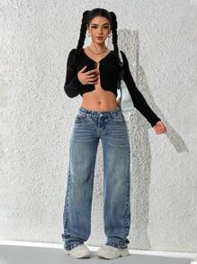 SHEIN ICON Jeans rectos de cintura baja lavados de estilo casual para mujer - Azul - Ver 4