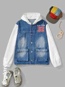 SHEIN Teens (Boys) Front Button Long Sleeve Pocket Minimalist Casual Denim Hoodie Jacket - Multicolor - View 1