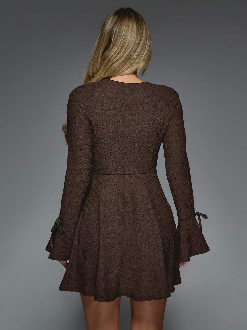 MISSGUIDED Textured Long Bell Sleeves With Bow Detail Mini Dress