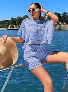 RueChic 2pcs Crochet Jacquard Sleeveless Top And Shorts Set - Baby Blue - View 4