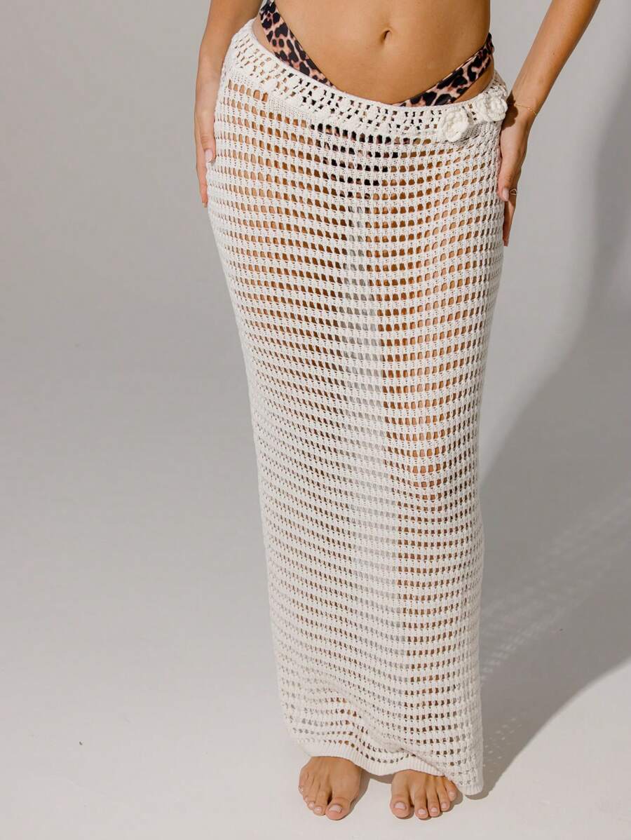 Aralina Delicate White Crochet Rosette Boho Floor-Length Maxi Skirt - Grey - View 1