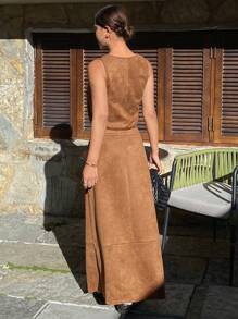 DAZY 2pcs Solid Color Fitted Sleeveless Top & A-Line Skirt Set For Women