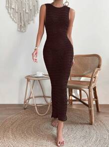 SHEIN Swim 女士纯色无袖圆领修身长裙，休闲日常穿着 - 咖啡棕 - 查看 5