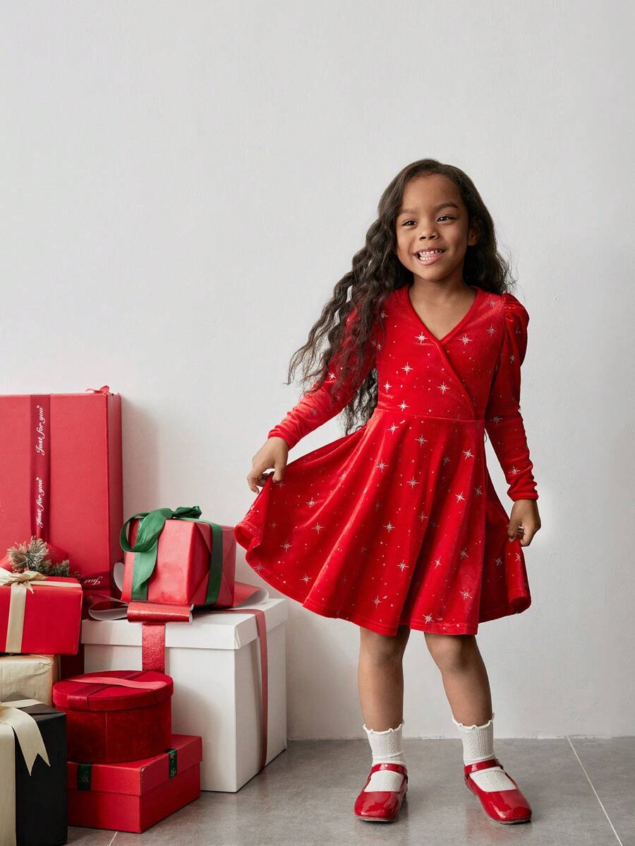 Maija Kids Maija Kids Váy thường ngày tay phồng nhung chéo cho bé gái - Đỏ - Xem 1