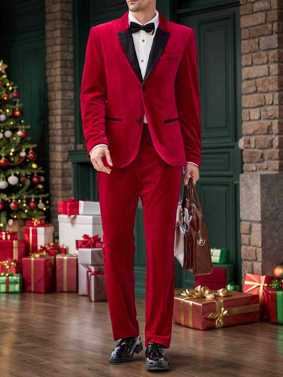 Manfinity VCAY 2pcs Set Woven Contrast Color-Block Casual Lapel Suit Set, Suitable For Autumn/Winter - Red - View 1