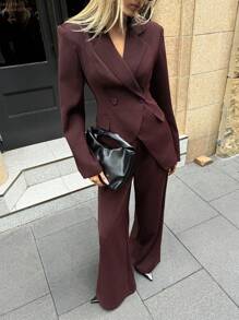 Aloruh 休闲通勤基本款夹克和裤子套装 - 酒紅色 - 查看 5