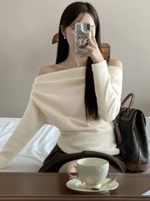 DAZY 女士纯色露肩褶皱长袖宽松T恤，秋季，返校服装，秋季女装 - 白色 - 查看 3