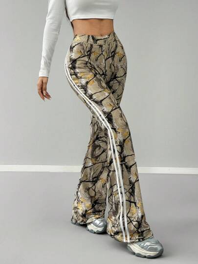 SHEIN EZwear 女士 Y2K 街头服饰音乐节树枝图案弹力编织带喇叭裤