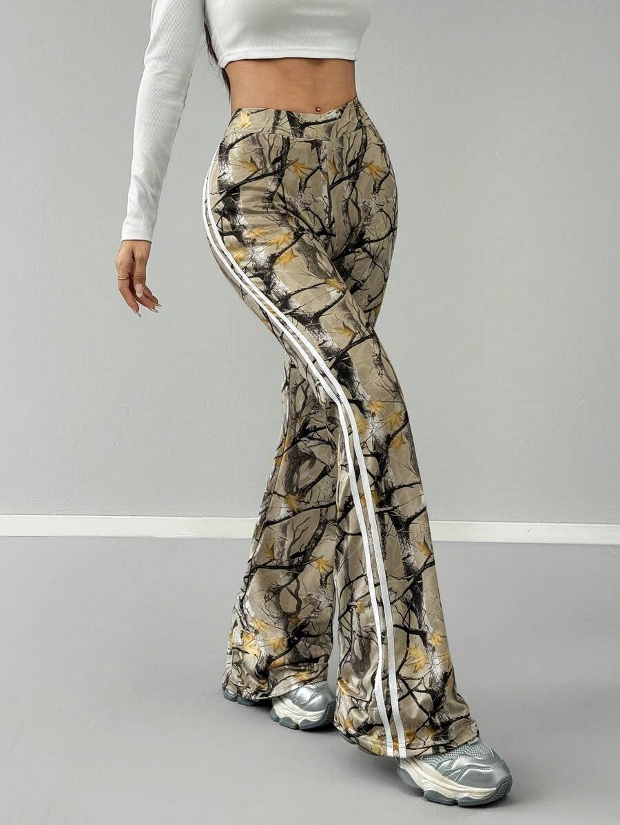 SHEIN EZwear 女士 Y2K 街头服饰音乐节树枝图案弹力编织带喇叭裤 - 彩色 - 查看 1