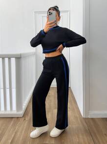 RueChic 2pcs Casual Colorblock Trim Cropped Top & Pants Set, Autumn