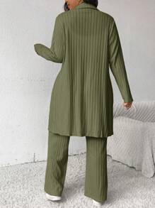SHEIN Frenchy 2 stuks gebreide plus size dames lente/herfst effen kleur lange mouwen enkelrijs lange top en broek casual set, oud geld, luchthavenoutfit, herfstoutfits