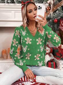 Chiquease Red Reindeer & Snowman Pattern Button Up Cardigan, Casual & Fashionable For Daily Wear - Green - View 6