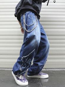 Manfinity EMRG Men's Letter Print Frayed Pocket Wide Leg Casual Jeans - Dark Wash - View 4