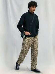 Mainfolk Men's Casual Woven Loose Elastic Waist Straight Leg Pants, Young Fashion, Everyday Wear - Army Green - View 4
